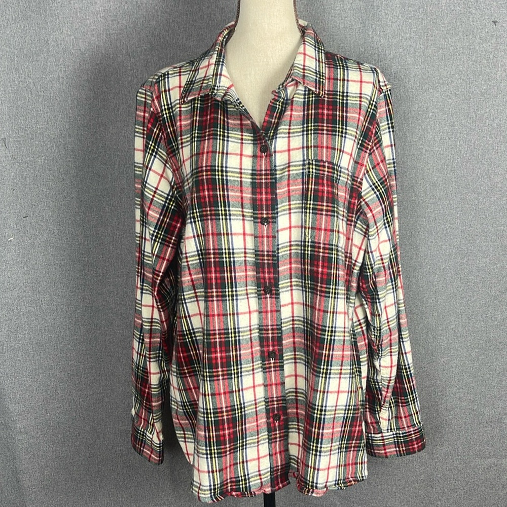 LL Bean Flannel Shirt Scotch Plaid Tartan Red/White Women L  regular fit 828